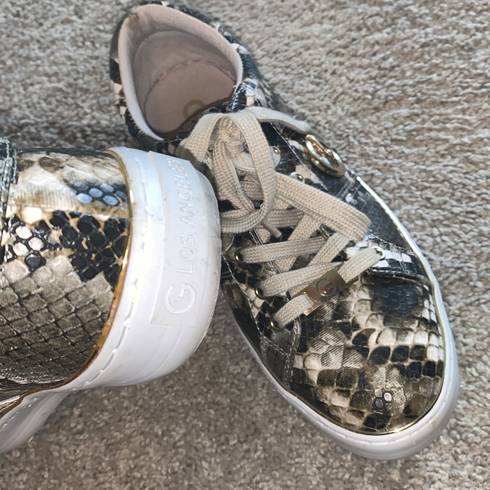 Guess GBG brown tan snake print gold logo sneakers size 9 - Picture 6 of 9